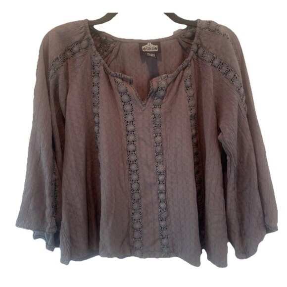 Angie Tops - Womens Gray Flutter Sleave Crochet Top Small Peasant Boho Hippie Festival Grunge